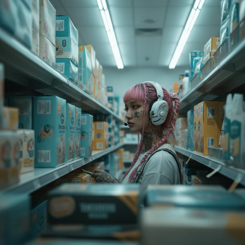 Candid: character in supermarket aisle