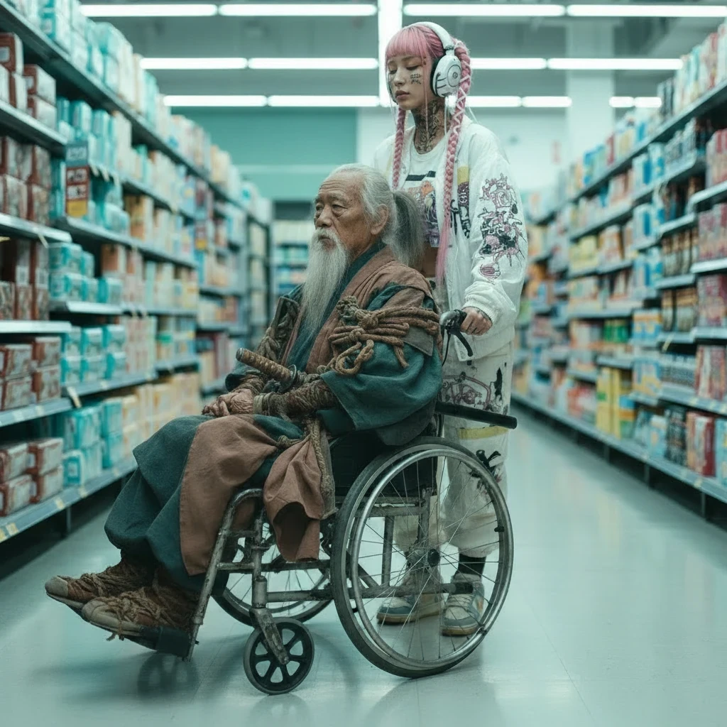 Pushing wheelchair through supermarket