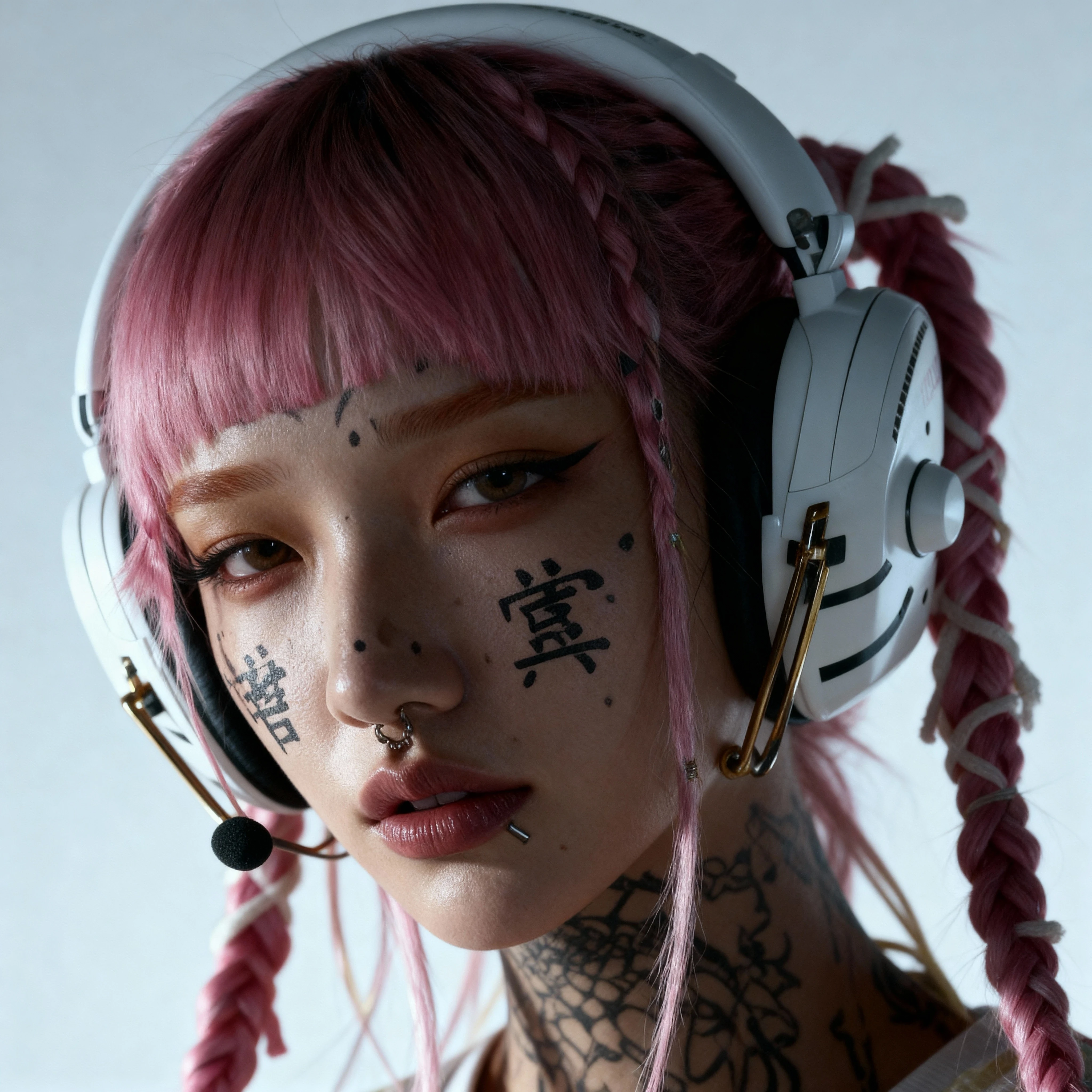 Character close-up: kanji tattoos, pink braids, headset