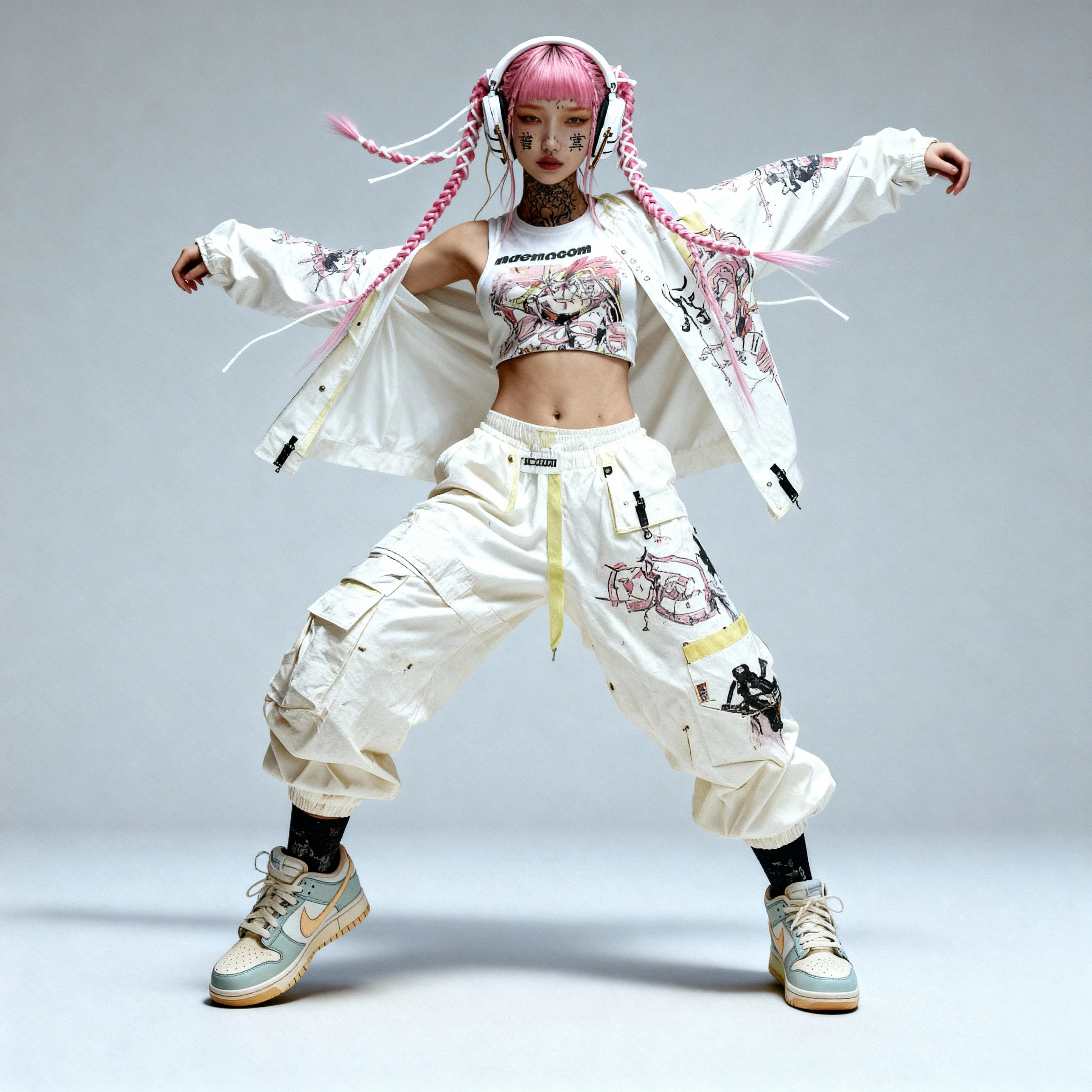 Full body character design: white streetwear, dynamic pose
