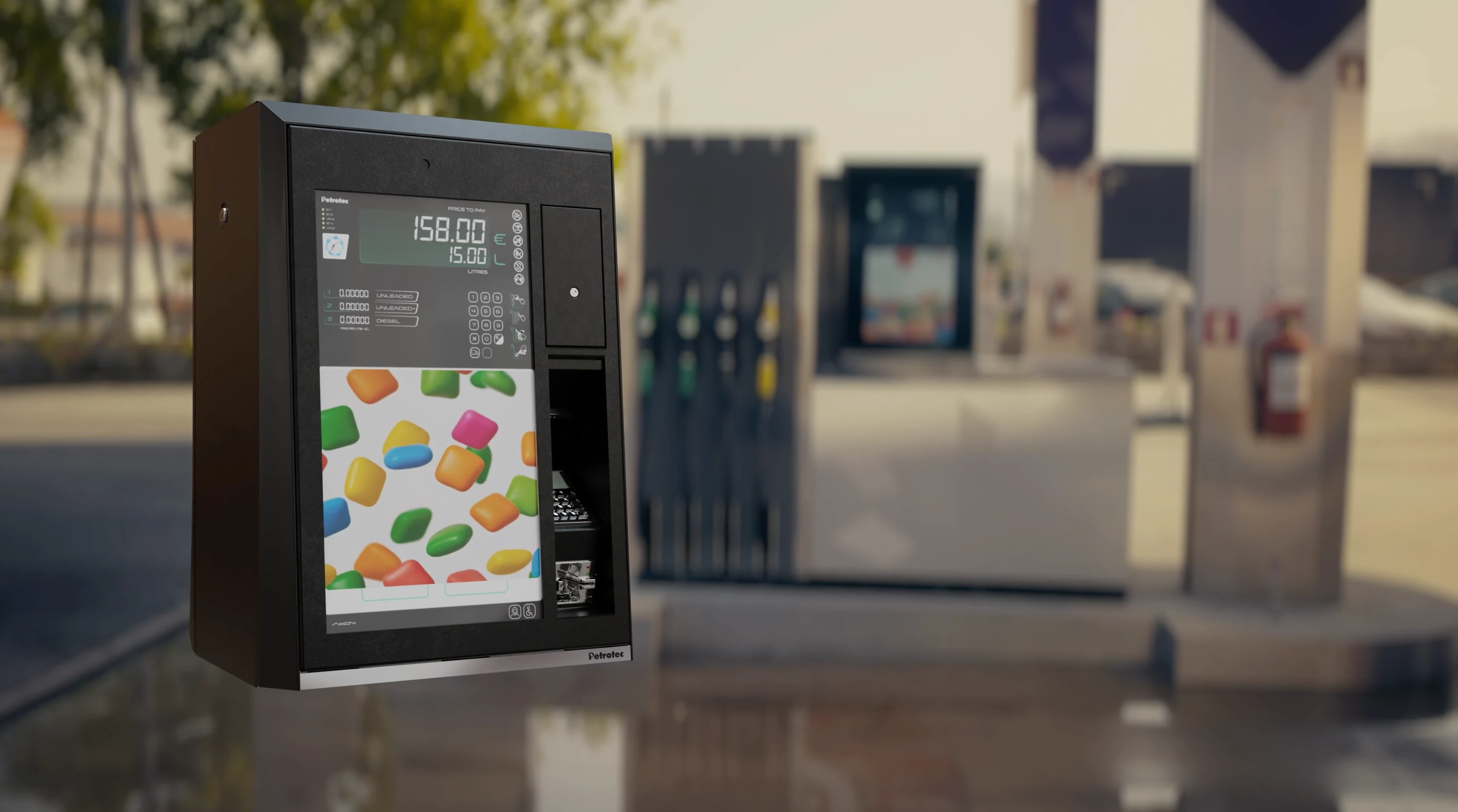 Axon pump with candy ad playing on the 27-inch screen