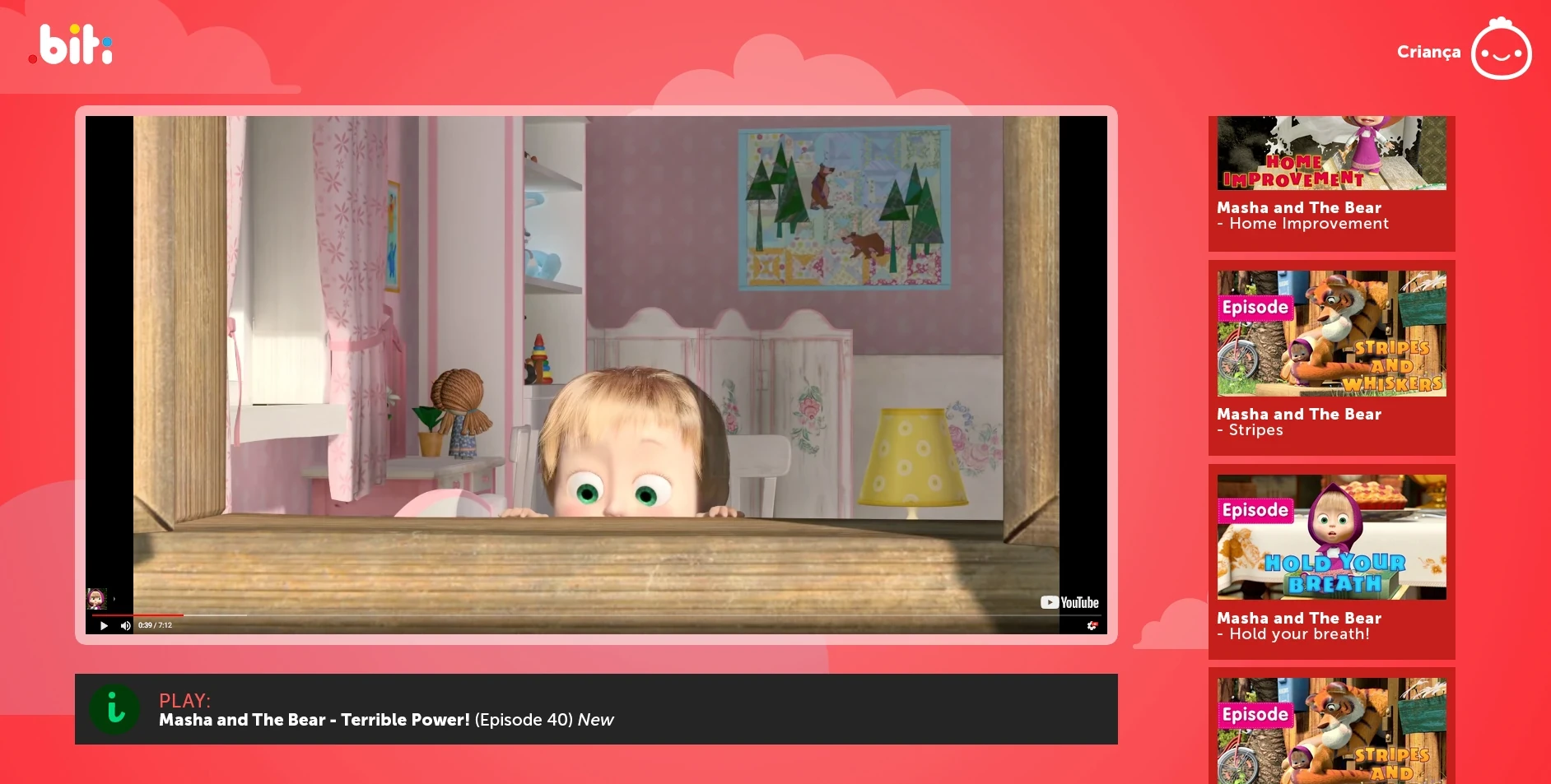 Boh content screen: Masha and the Bear playing with curated playlist