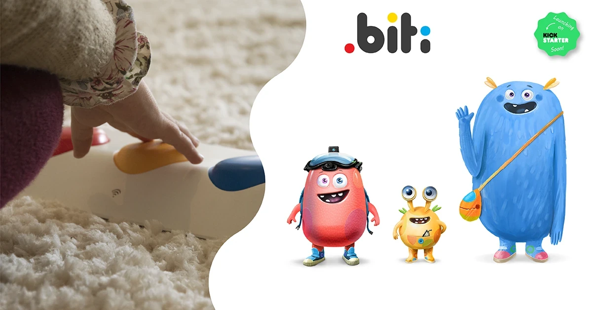 Kid pressing BITI.Box button alongside Boh, Iggy, and Tum characters