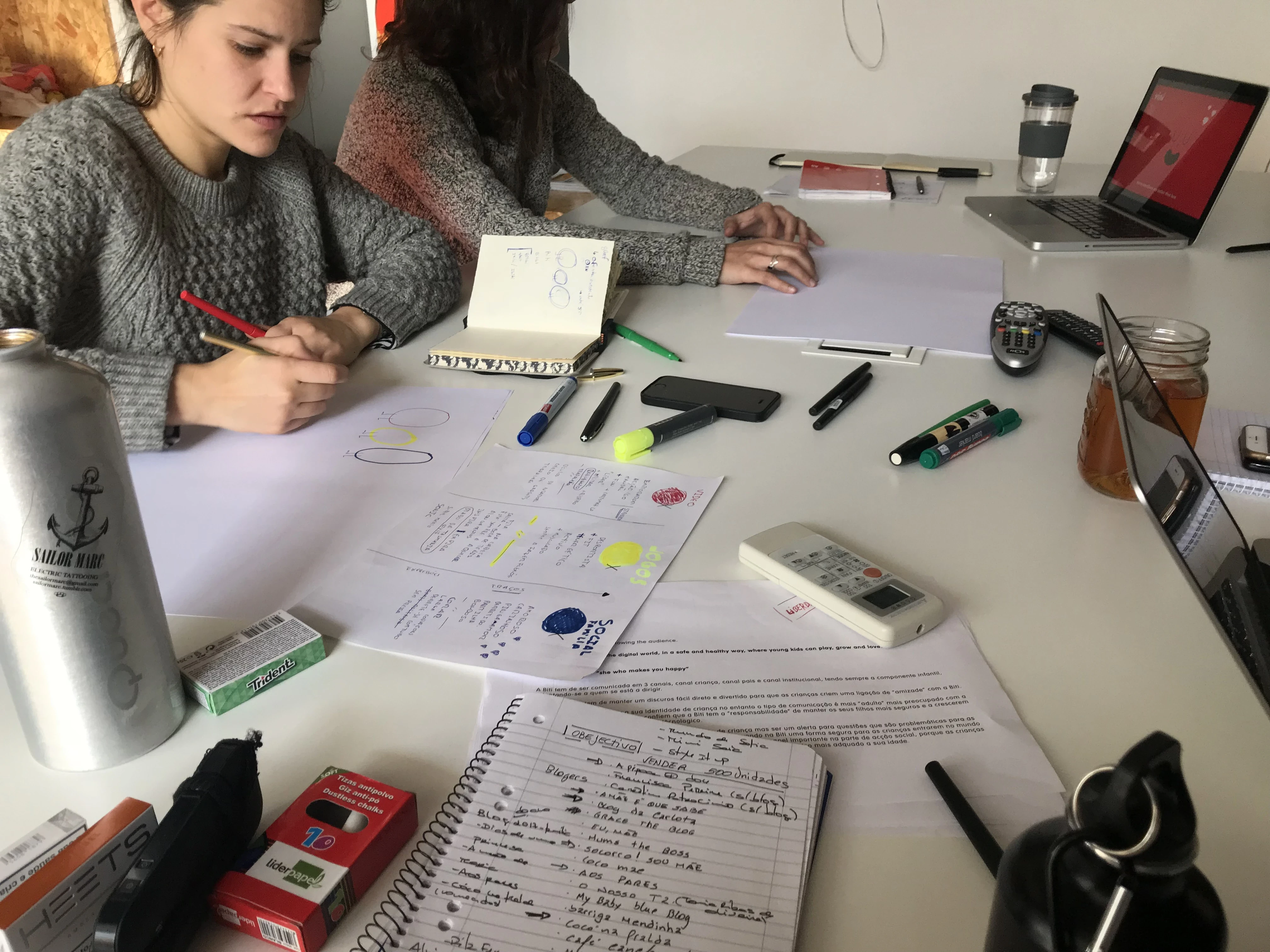 Team brainstorm session: strategy notes and character sketches on table