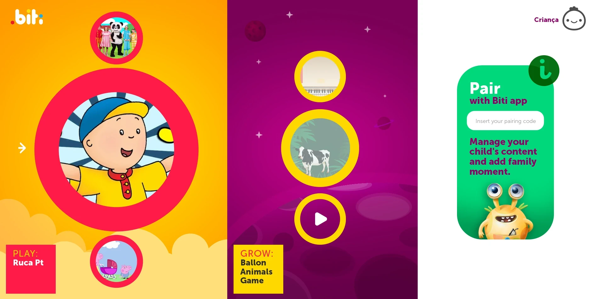 BITI app three-screen overview: Boh video, Iggy games, parent pairing