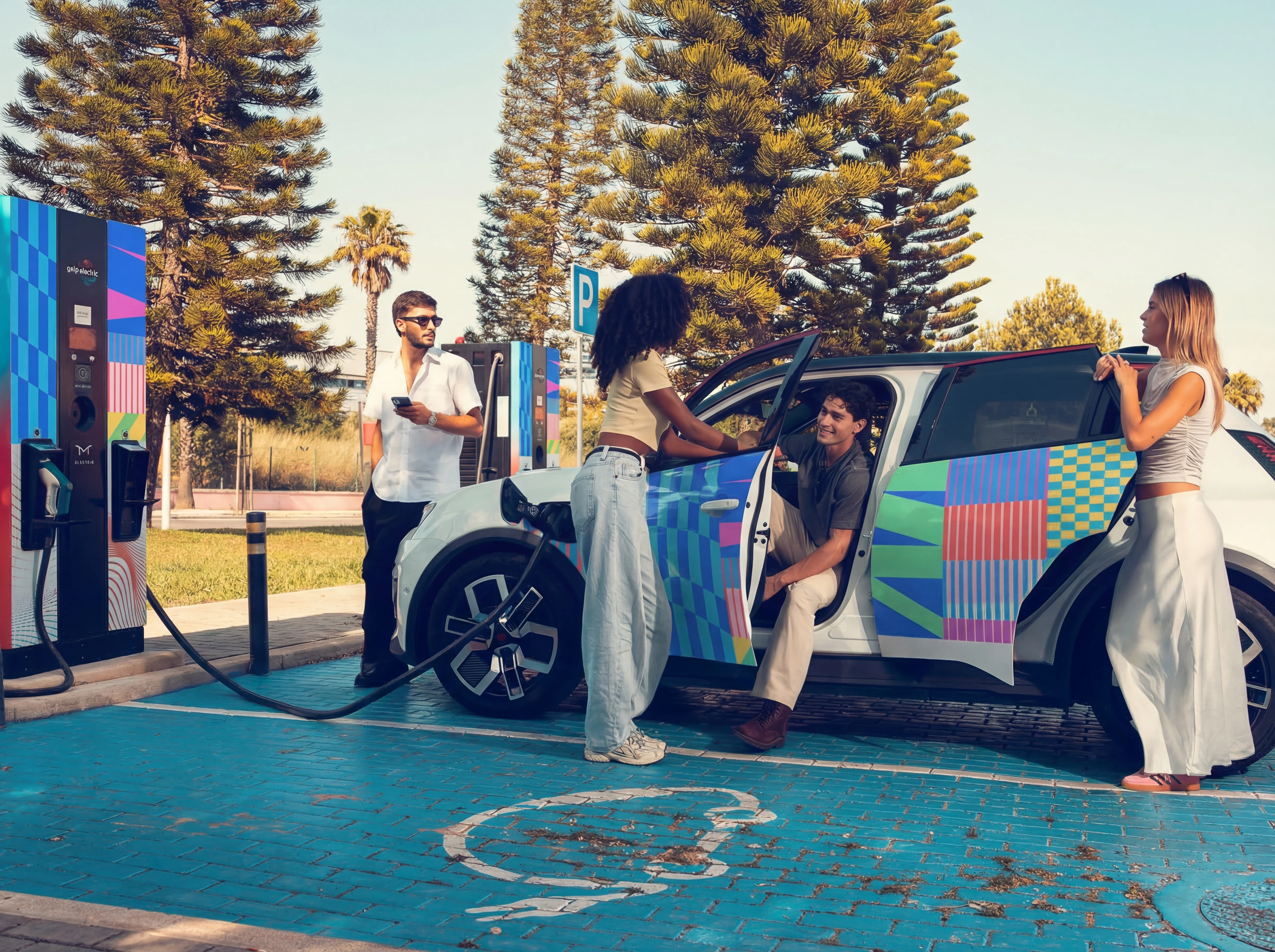 Group of friends at Hellonext station with colorful branded car wrap