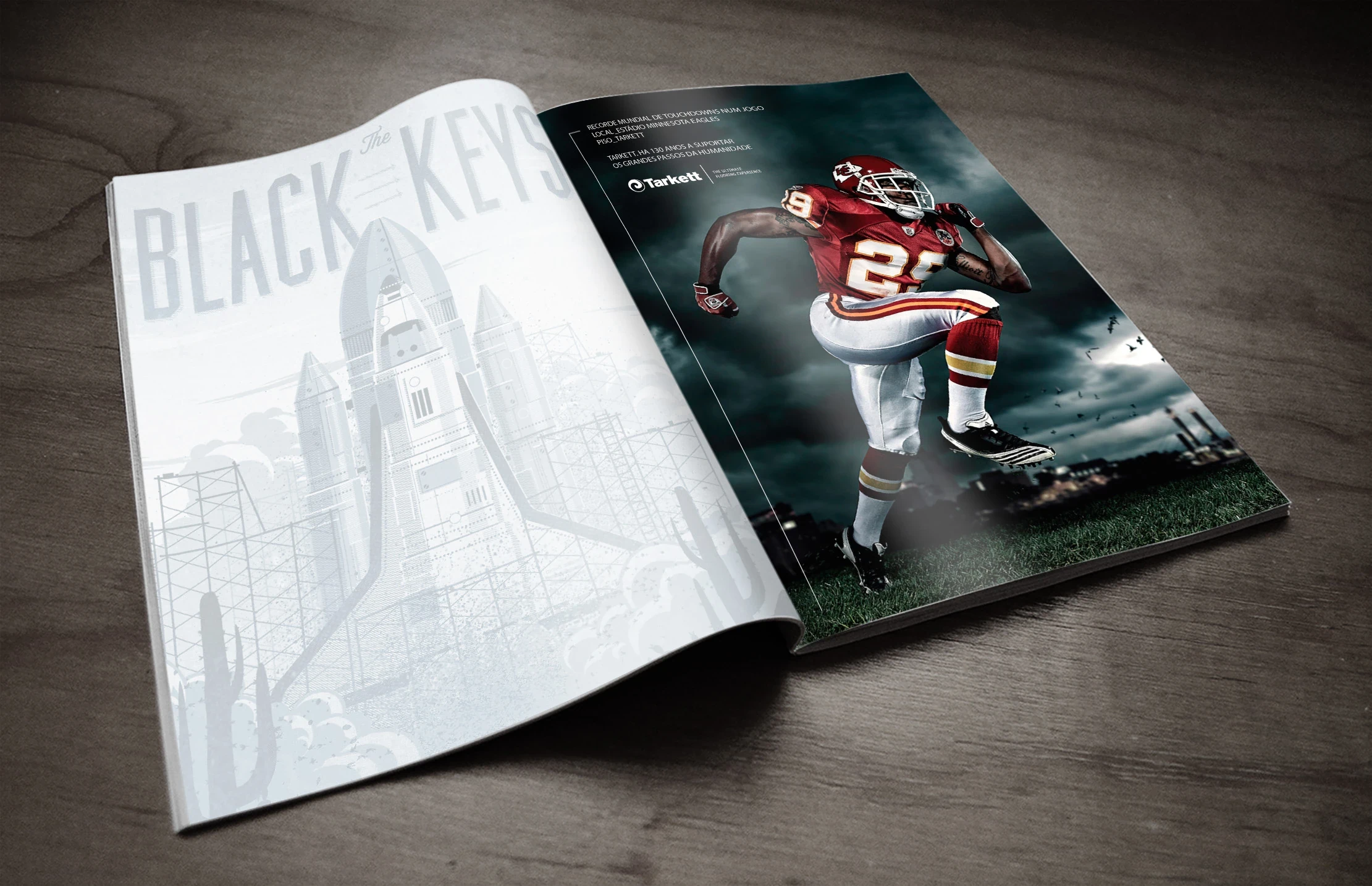 Tarkett magazine ad spread: NFL campaign in editorial context
